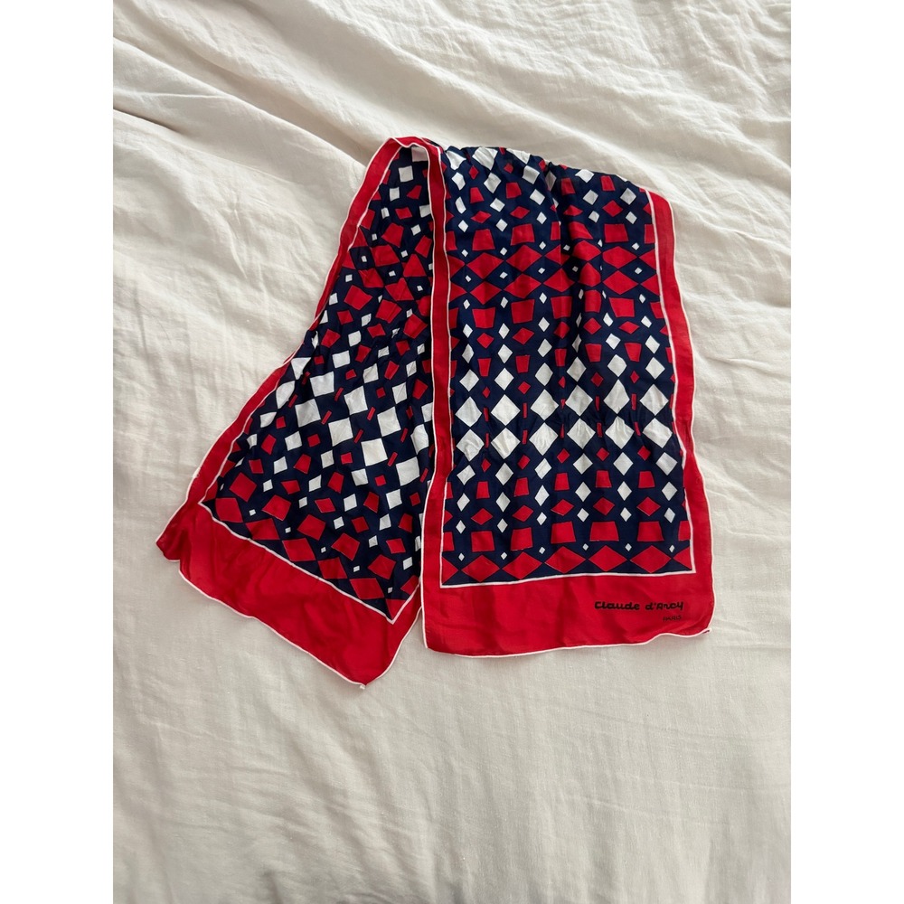 Claude d'Arcy Paris Vintage Silk Scarf Red Navy White Geometric Diamond